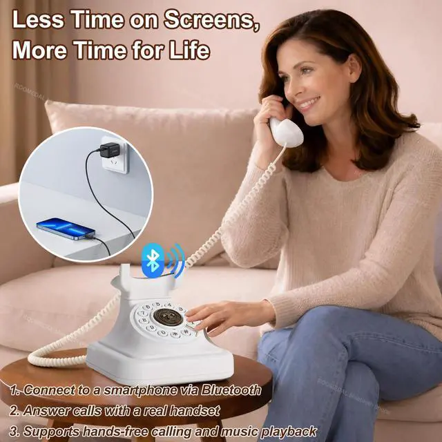 Alt view image 3 of 6 - Bluetooth Retro Phone Landline Telephone,Bluetooth Home Phone with Speakerphone,Voice Assistant, Volume Control,Music Playback,USB Rechargeable,Hands-Free Calling for Bedroom, Home & Office