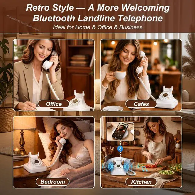 Alt view image 4 of 6 - Bluetooth Retro Phone Landline Telephone,Bluetooth Home Phone with Speakerphone,Voice Assistant, Volume Control,Music Playback,USB Rechargeable,Hands-Free Calling for Bedroom, Home & Office