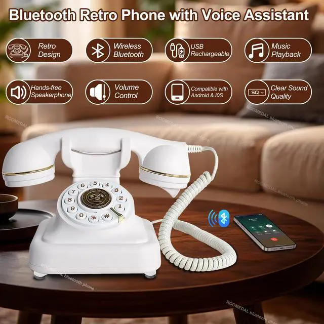 Alt view image 2 of 6 - Bluetooth Retro Phone Landline Telephone,Bluetooth Home Phone with Speakerphone,Voice Assistant, Volume Control,Music Playback,USB Rechargeable,Hands-Free Calling for Bedroom, Home & Office