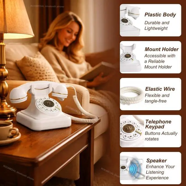 Alt view image 5 of 6 - Bluetooth Retro Phone Landline Telephone,Bluetooth Home Phone with Speakerphone,Voice Assistant, Volume Control,Music Playback,USB Rechargeable,Hands-Free Calling for Bedroom, Home & Office