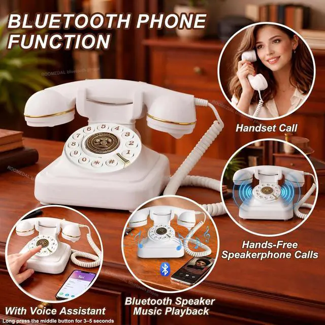 Alt view image 6 of 6 - Bluetooth Retro Phone Landline Telephone,Bluetooth Home Phone with Speakerphone,Voice Assistant, Volume Control,Music Playback,USB Rechargeable,Hands-Free Calling for Bedroom, Home & Office