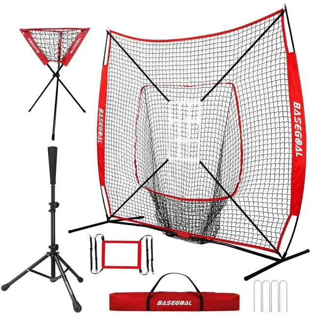Main image of 7'×7' Baseball Softball Practice Net,Baseball Backstop,with Batting Tee,Ball Caddy,for Hitting Pitching Batting Catching with Bow Frame,Bonus Strike Zone,Portable and Foldable