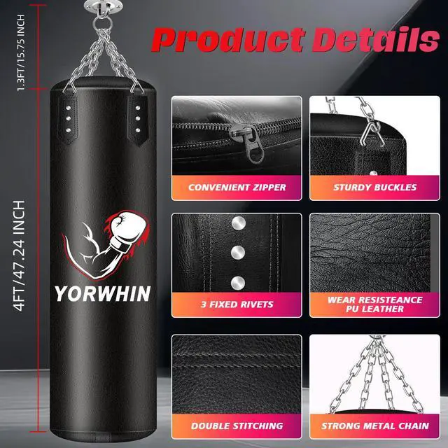 Alt view image 3 of 7 - Filled Punching Bag for Adults, 4FT PU Leather Hanging Boxing Bag with 11lb Sponge Filler & 12OZ Boxing Gloves, Heavy Kicking Bag Boxing Equipment for MMA Training Karate Kickboxing