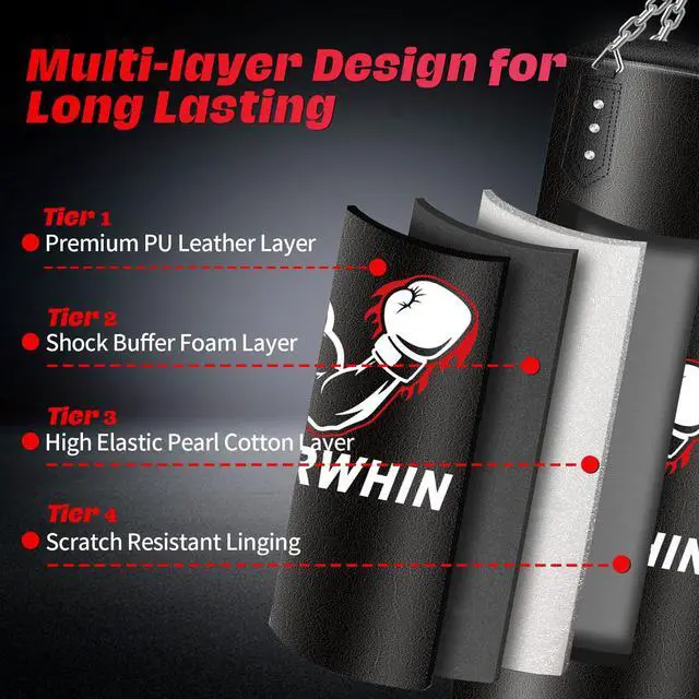 Alt view image 4 of 7 - Filled Punching Bag for Adults, 4FT PU Leather Hanging Boxing Bag with 11lb Sponge Filler & 12OZ Boxing Gloves, Heavy Kicking Bag Boxing Equipment for MMA Training Karate Kickboxing