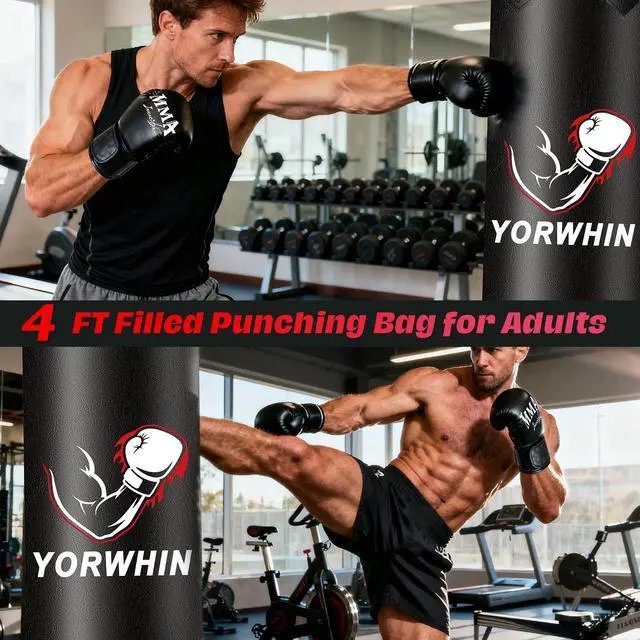 Alt view image 7 of 7 - Filled Punching Bag for Adults, 4FT PU Leather Hanging Boxing Bag with 11lb Sponge Filler & 12OZ Boxing Gloves, Heavy Kicking Bag Boxing Equipment for MMA Training Karate Kickboxing