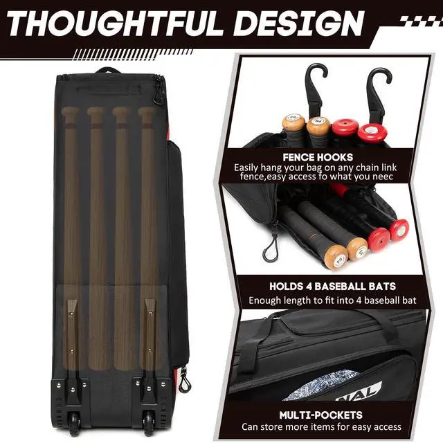 Alt view image 2 of 7 - Baseball Bag with Wheels for 4 Bats,Soft Rolling Baseball Bag With Multi-Pockets, Fence Hook, Holds All Baseball Equipment