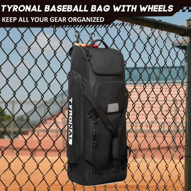 Alt view image 7 of 7 - Baseball Bag with Wheels for 4 Bats,Soft Rolling Baseball Bag With Multi-Pockets, Fence Hook, Holds All Baseball Equipment