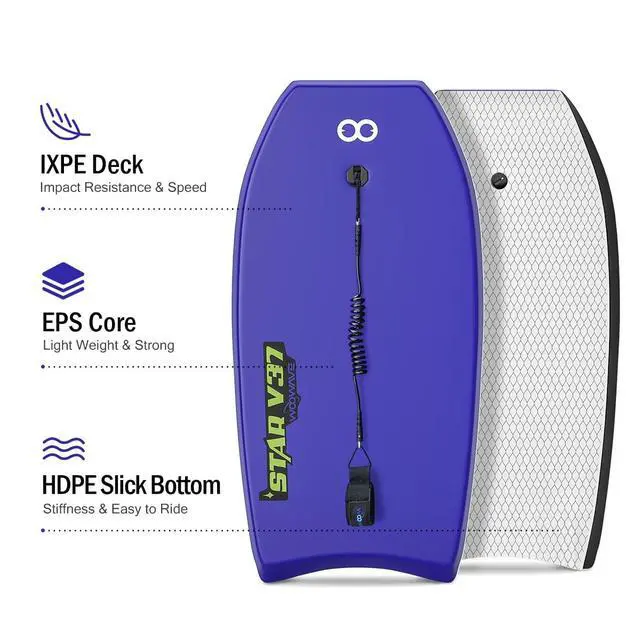 Alt view image 2 of 7 - Bodyboard 33-inch/37-inch/42-inch Premium IXPE Body Board with Coiled Wrist Leash, Super Lightweight EPS Core and HDPE Slick Bottom, Perfect Surfing for Kids Teens and Adults
