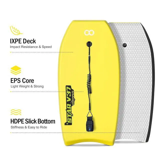 Alt view image 2 of 7 - Bodyboard 33-inch/37-inch/42-inch Premium IXPE Body Board with Coiled Wrist Leash, Super Lightweight EPS Core and HDPE Slick Bottom, Perfect Surfing for Kids Teens and Adults