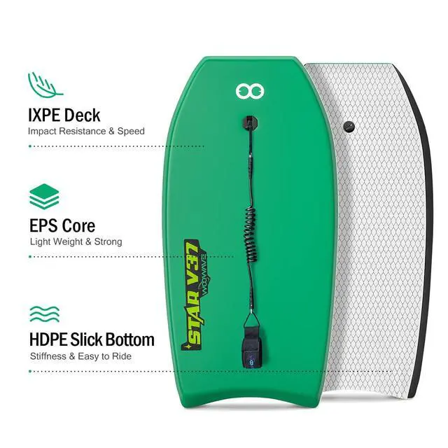 Alt view image 2 of 5 - Bodyboard 33-inch/37-inch/42-inch Premium IXPE Body Board with Coiled Wrist Leash, Super Lightweight EPS Core and HDPE Slick Bottom, Perfect Surfing for Kids Teens and Adults