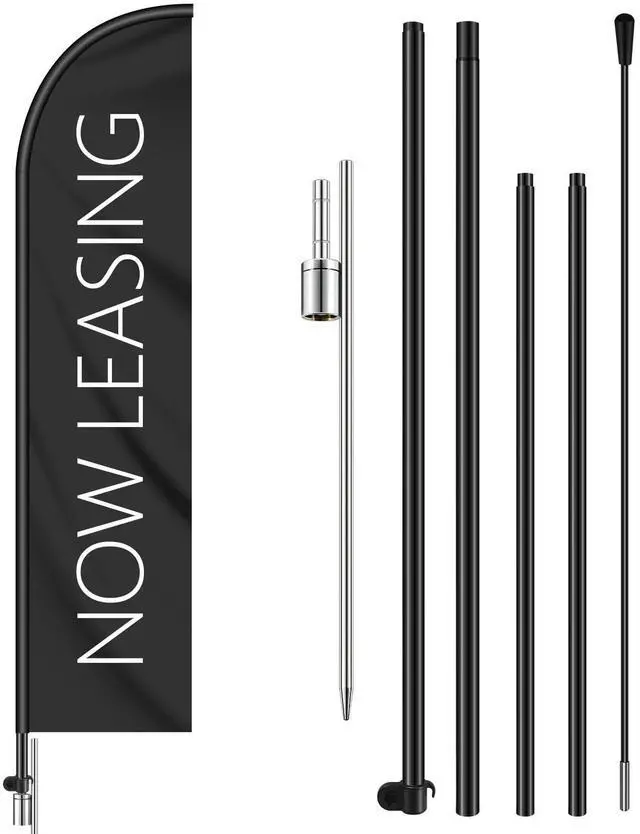Main image of 1 Set Now Leasing Feather Flag Pole Kit Now Leasing Sign Banner 15ft Pole, 12ft x 2.5ft Flag with Rotating Ground Spike for Business Advertising, Real Estate Advertising (Black)