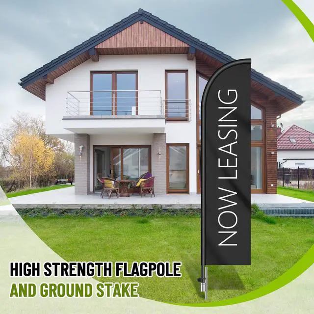 Alt view image 2 of 6 - 1 Set Now Leasing Feather Flag Pole Kit Now Leasing Sign Banner 15ft Pole, 12ft x 2.5ft Flag with Rotating Ground Spike for Business Advertising, Real Estate Advertising (Black)