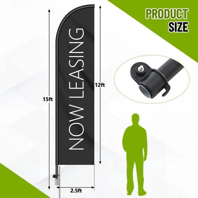 Alt view image 3 of 6 - 1 Set Now Leasing Feather Flag Pole Kit Now Leasing Sign Banner 15ft Pole, 12ft x 2.5ft Flag with Rotating Ground Spike for Business Advertising, Real Estate Advertising (Black)