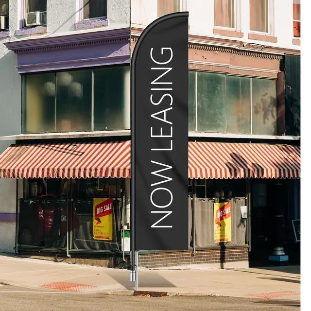 Alt view image 5 of 6 - 1 Set Now Leasing Feather Flag Pole Kit Now Leasing Sign Banner 15ft Pole, 12ft x 2.5ft Flag with Rotating Ground Spike for Business Advertising, Real Estate Advertising (Black)