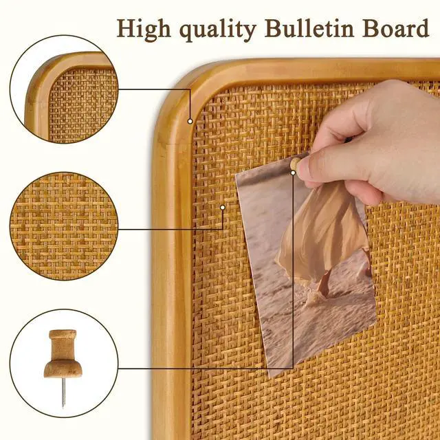 Alt view image 3 of 7 - 20" x 30" Bulletin Board, Round-Edged Rectangle Rattan Corkboard, Wooden Frame Boho Style Wall Organizer,5075Teng