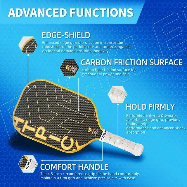 Alt view image 2 of 7 - Pickleball Paddles, Carbon Fiber Pickleball Paddle High Grit & Spin with PP Honeycomb Core 16mm Thickness and Thermoformed Elongated Shape, Increased Power for Ultimate Spin & Consistency