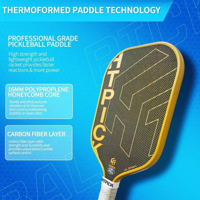 Alt view image 3 of 7 - Pickleball Paddles, Carbon Fiber Pickleball Paddle High Grit & Spin with PP Honeycomb Core 16mm Thickness and Thermoformed Elongated Shape, Increased Power for Ultimate Spin & Consistency