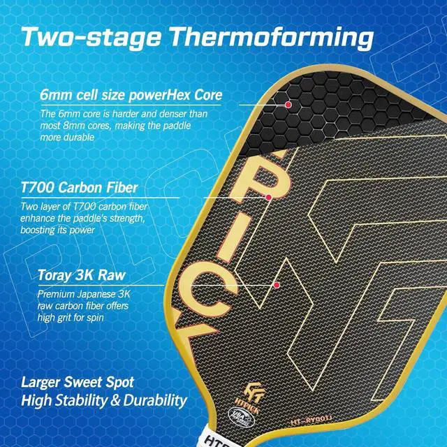 Alt view image 7 of 7 - Pickleball Paddles, Carbon Fiber Pickleball Paddle High Grit & Spin with PP Honeycomb Core 16mm Thickness and Thermoformed Elongated Shape, Increased Power for Ultimate Spin & Consistency