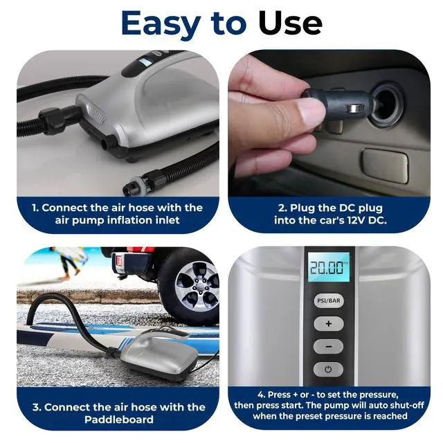 Alt view image 7 of 7 - Paddle Board Pump Electric - Portable 20 PSI Dual-Stage Air Compressor for Super Fast Inflation and Deflation, Auto-Off, LCD Display and 12V Car Connector - for SUP, Boats & Inflatables