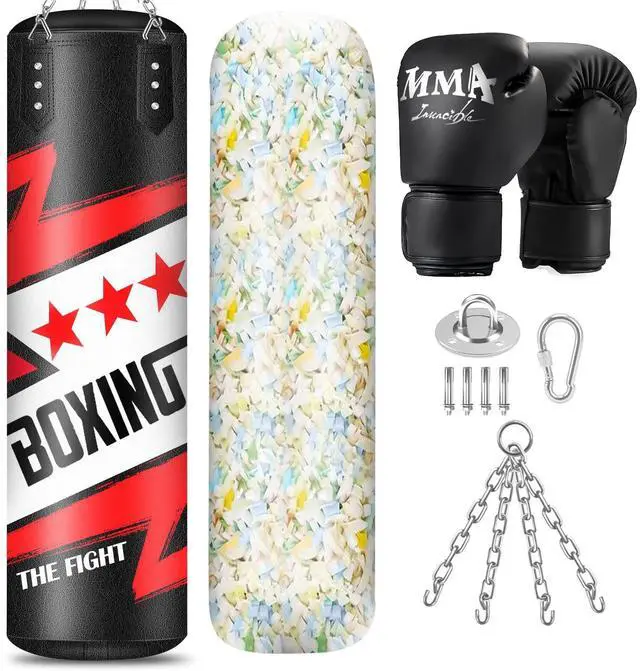Main image of Filled Punching Bag for Adults, 4FT PU Leather Hanging Boxing Bag with 11lb Sponge Filler & 12OZ Boxing Gloves, Heavy Kicking Bag Boxing Equipment for MMA Training Karate Kickboxing