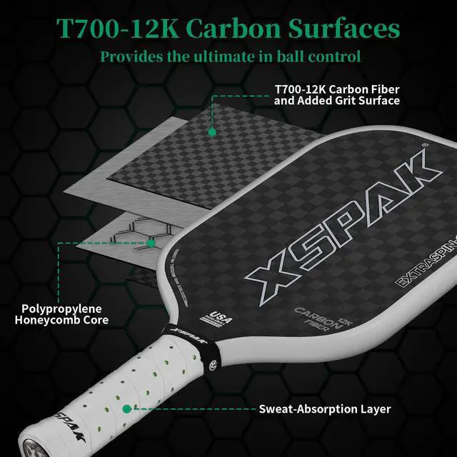 Alt view image 4 of 7 - 12K Carbon Fiber Pickleball Paddles, USAPA Polypropylene Honeycomb Paddle with Cushion Comfort Grip, SPIN2.0 World Champion Surface Technology Options Pickleball Racket