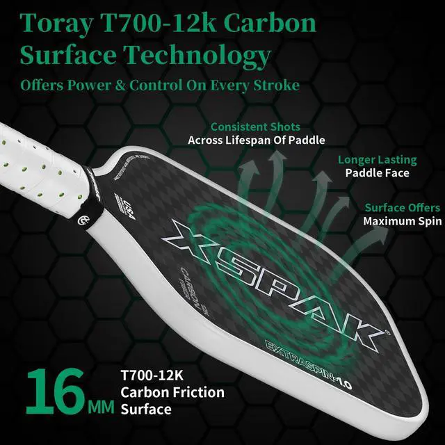 Alt view image 3 of 7 - 12K Carbon Fiber Pickleball Paddles, USAPA Polypropylene Honeycomb Paddle with Cushion Comfort Grip, SPIN2.0 World Champion Surface Technology Options Pickleball Racket