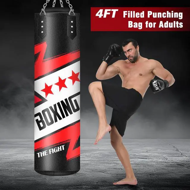 Alt view image 7 of 7 - Filled Punching Bag for Adults, 4FT PU Leather Hanging Boxing Bag with 11lb Sponge Filler & 12OZ Boxing Gloves, Heavy Kicking Bag Boxing Equipment for MMA Training Karate Kickboxing