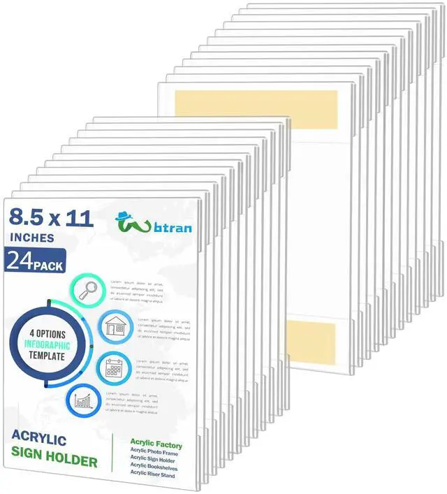 Main image of Acrylic Sign Holder 8.5 x 11 Wall Mount, 8.5 X 11 inch Clear Plastic Paper Sign Display with Tape, No Drilling Acrylic Wall Frame for Office, Home, Store, Restaurant (24 Pack)