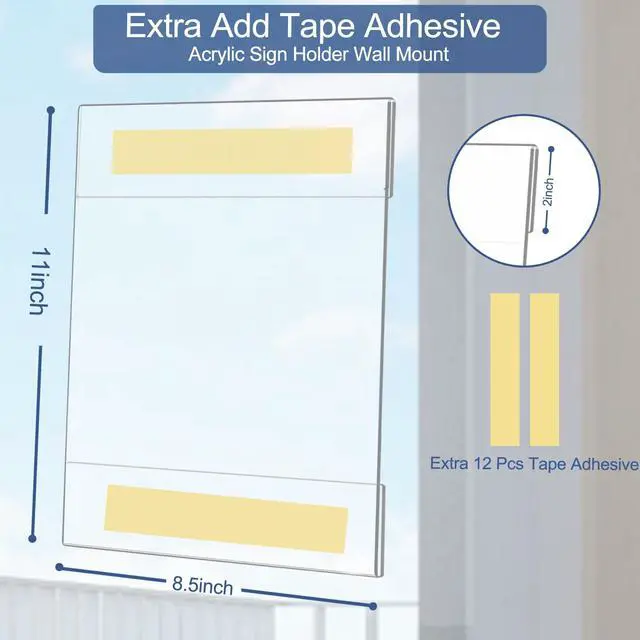 Alt view image 2 of 6 - Acrylic Sign Holder 8.5 x 11 Wall Mount, 8.5 X 11 inch Clear Plastic Paper Sign Display with Tape, No Drilling Acrylic Wall Frame for Office, Home, Store, Restaurant (24 Pack)