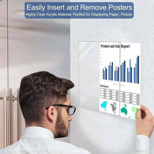 Alt view image 3 of 6 - Acrylic Sign Holder 8.5 x 11 Wall Mount, 8.5 X 11 inch Clear Plastic Paper Sign Display with Tape, No Drilling Acrylic Wall Frame for Office, Home, Store, Restaurant (24 Pack)