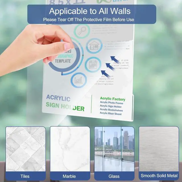 Alt view image 4 of 6 - Acrylic Sign Holder 8.5 x 11 Wall Mount, 8.5 X 11 inch Clear Plastic Paper Sign Display with Tape, No Drilling Acrylic Wall Frame for Office, Home, Store, Restaurant (24 Pack)