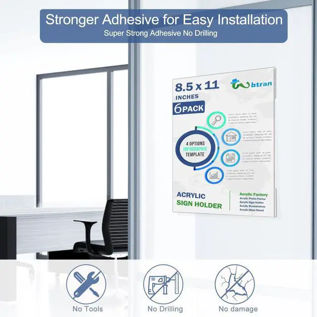 Alt view image 5 of 6 - Acrylic Sign Holder 8.5 x 11 Wall Mount, 8.5 X 11 inch Clear Plastic Paper Sign Display with Tape, No Drilling Acrylic Wall Frame for Office, Home, Store, Restaurant (24 Pack)
