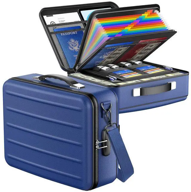 Main image of Fireproof Document Box with Lock, Hard-Shell Fireproof Safe for Home Documents, Portable Travel Fire Proof File Box for Passport Laptop Certificates, Navy Blue