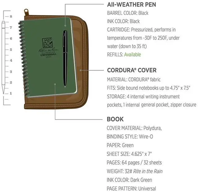 Alt view image 6 of 7 - Weatherproof Side Spiral Kit: Tan CORDURA® Fabric Cover, 4.625" x 7" Green Notebook, and Weatherproof Pen (No. 973-KIT)