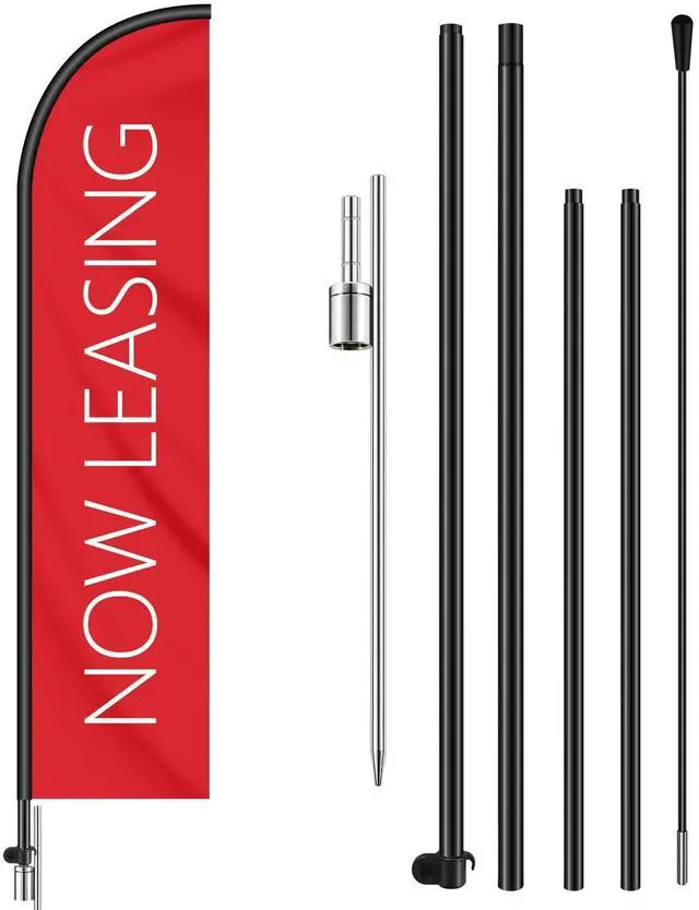 Main image of 1 Set Now Leasing Feather Flag Pole Kit Now Leasing Sign Banner 15ft Pole, 12ft x 2.5ft Flag with Rotating Ground Spike for Business Advertising, Real Estate Advertising (Red)