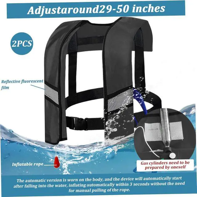Alt view image 2 of 7 - 2-Pcs Automatic Inflatable Life Jacket,Adjustable Nylon Swim Vest with CO2 Inflation, Reflective Strips & Safety Buckle,Gas Cylinders Not Included