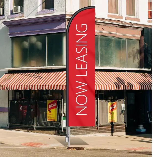 Alt view image 2 of 6 - 1 Set Now Leasing Feather Flag Pole Kit Now Leasing Sign Banner 15ft Pole, 12ft x 2.5ft Flag with Rotating Ground Spike for Business Advertising, Real Estate Advertising (Red)