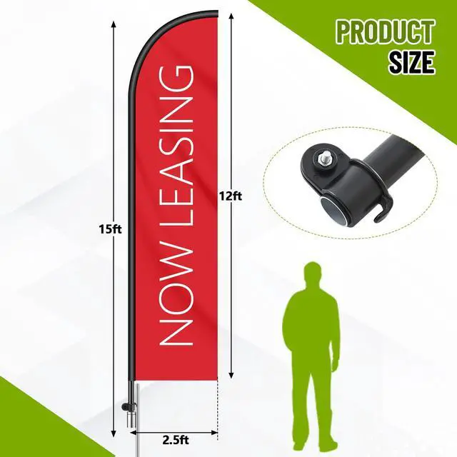 Alt view image 3 of 6 - 1 Set Now Leasing Feather Flag Pole Kit Now Leasing Sign Banner 15ft Pole, 12ft x 2.5ft Flag with Rotating Ground Spike for Business Advertising, Real Estate Advertising (Red)