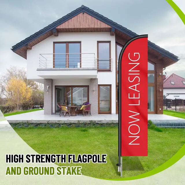 Alt view image 5 of 6 - 1 Set Now Leasing Feather Flag Pole Kit Now Leasing Sign Banner 15ft Pole, 12ft x 2.5ft Flag with Rotating Ground Spike for Business Advertising, Real Estate Advertising (Red)