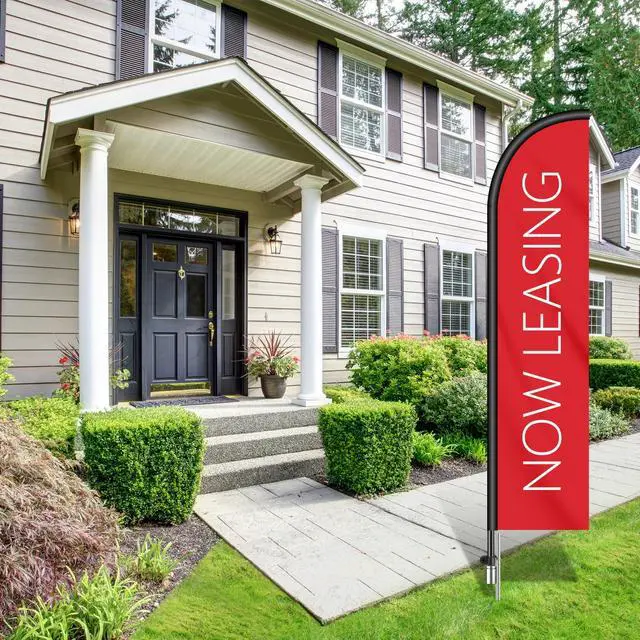 Alt view image 6 of 6 - 1 Set Now Leasing Feather Flag Pole Kit Now Leasing Sign Banner 15ft Pole, 12ft x 2.5ft Flag with Rotating Ground Spike for Business Advertising, Real Estate Advertising (Red)