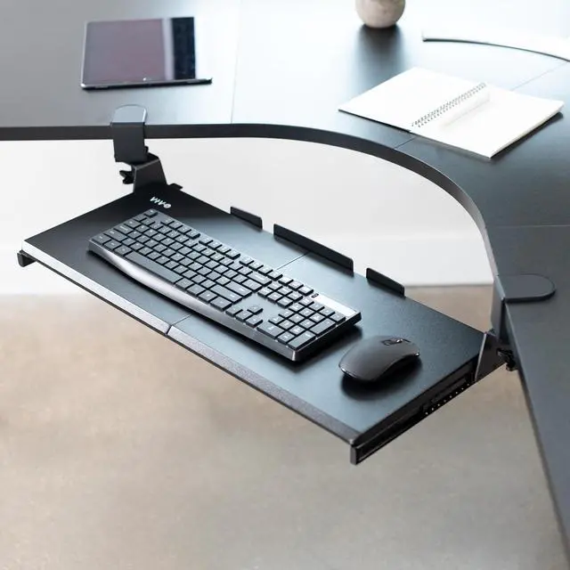 Alt view image 3 of 7 - Large Pull Out Keyboard Tray for Corner Desk, 27 (33 Including Clamps) x 11 inch Slide-Out Platform Computer Drawer, 90-Degree Swivel C-Clamps for L-Shaped Workstation, Black, MOUNT-KB10C