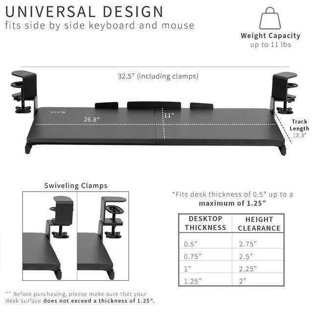 Alt view image 5 of 7 - Large Pull Out Keyboard Tray for Corner Desk, 27 (33 Including Clamps) x 11 inch Slide-Out Platform Computer Drawer, 90-Degree Swivel C-Clamps for L-Shaped Workstation, Black, MOUNT-KB10C