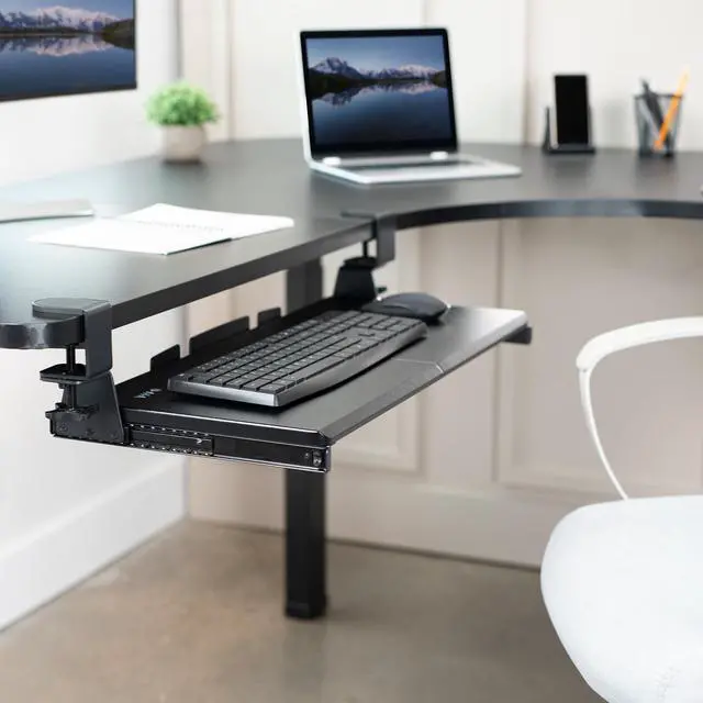 Alt view image 6 of 7 - Large Pull Out Keyboard Tray for Corner Desk, 27 (33 Including Clamps) x 11 inch Slide-Out Platform Computer Drawer, 90-Degree Swivel C-Clamps for L-Shaped Workstation, Black, MOUNT-KB10C