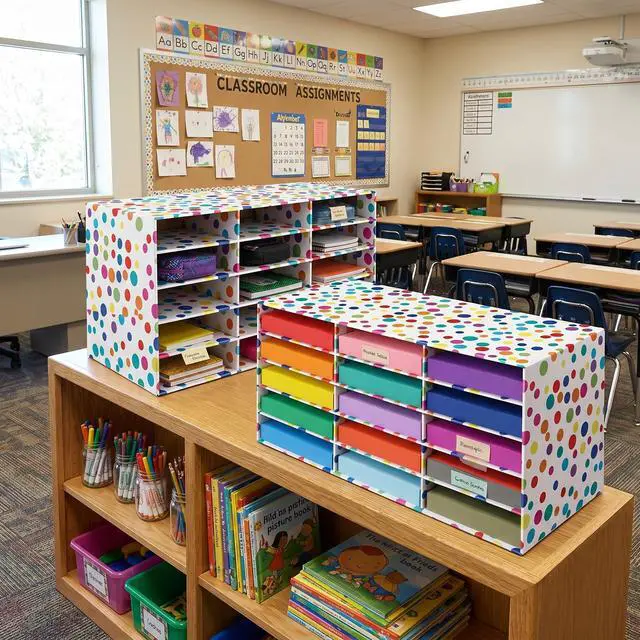 Alt view image 3 of 6 - 2 Pcs Confetti 15 Slots Classroom Paper Storage Organizer 29 x 12 Construction Paper Storage Large Desktop Mailbox File Sorter Literature Cardboard Organizer for Teacher School Office Home