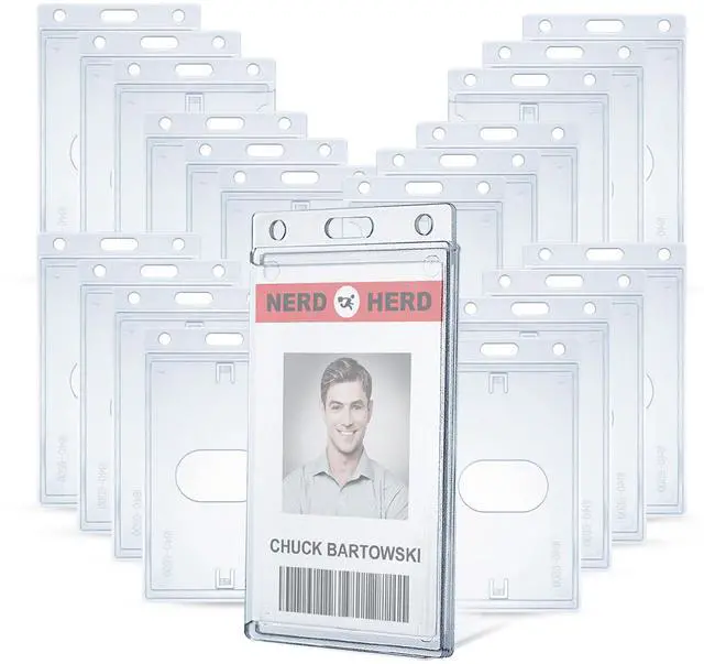 Main image of 50 Pack Frosted Clear Vertical Hard Plastic ID Card Holders- Rigid Plastic ID Card Protector Case W/Thumb Notch and Slot & Chain Holes for School Nurse Staff (50)