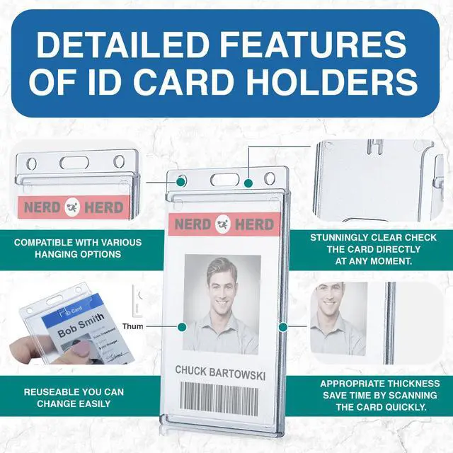 Alt view image 2 of 7 - 50 Pack Frosted Clear Vertical Hard Plastic ID Card Holders- Rigid Plastic ID Card Protector Case W/Thumb Notch and Slot & Chain Holes for School Nurse Staff (50)