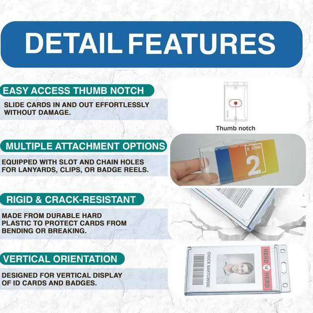Alt view image 6 of 7 - 50 Pack Frosted Clear Vertical Hard Plastic ID Card Holders- Rigid Plastic ID Card Protector Case W/Thumb Notch and Slot & Chain Holes for School Nurse Staff (50)