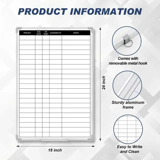 Alt view image 2 of 6 - Aluminum Frame Dry Erase Board with Lines, Double Sided Wall-Mounted Whiteboard for Scheduling, to Do Lists & Weekly Planning, Reusable Calendar for Home & Work(Project Planning Board,18"x24")