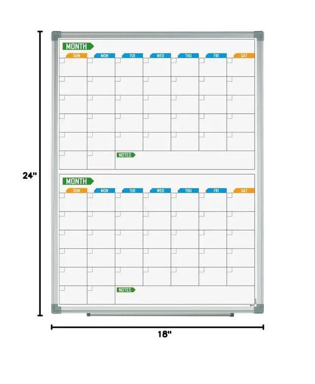 Alt view image 6 of 6 - 2 Monthly Dry-Erase Calendar Whiteboard, 24" x 18", Wall-Mounted Aluminum-Framed Calendar Board
