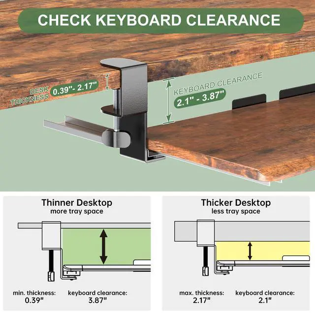 Alt view image 4 of 7 - Extra Large Keyboard Tray Under Desk - Slide Out with Sturdy C-Clip Mount System, Extra Wide 31.5" (35.8" Including Clamps) x 11.8" Pull-Out Keyboard Computer Drawer, Rustic Vintage Brown